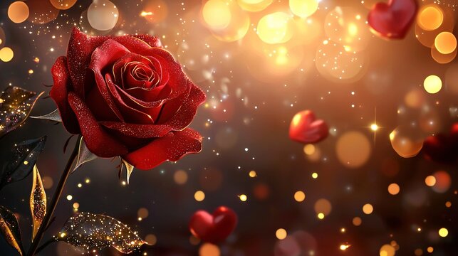 Valentines day background with red rose over glittering and bokeh lights background. Generative Ai