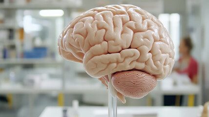 Anatomical brain model in a science lab environment on a table