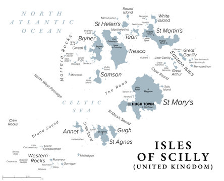 Isles of Scilly, United Kingdom, gray political map. Archipelago off the southern tip of Cornwall, England, with Hugh Town as capital and largest settlement on St Mary's, the largest island. Vector