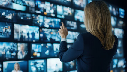 Businesswoman interacting with a digital screen displaying multiple images