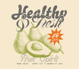 Avocado vegetable artwork for t shirt print. vintage retro graphics avocado tee shirt. avocado typography text print.  Summer food graphic. women's cute t-shirt print, fruit prints