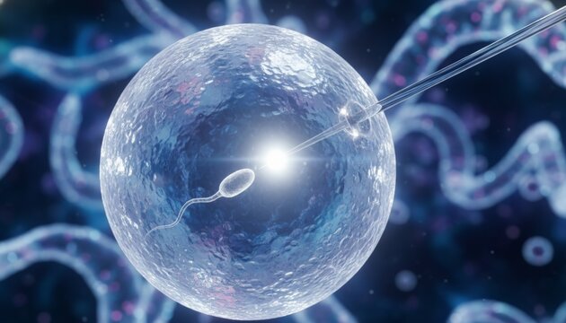Sperm cell approaching a human egg with a micromanipulation needle performing intracytoplasmic sperm injection - icsi - for in vitro fertilization - ivf - against a cellular background