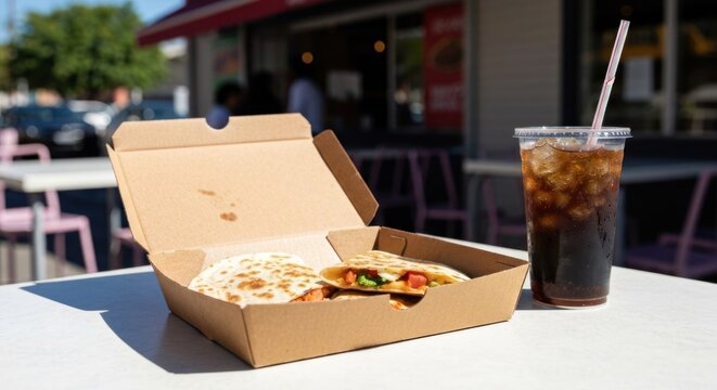A takeout box with cheesy tortilla fold and a soda on an outdoor table, restaurant in background