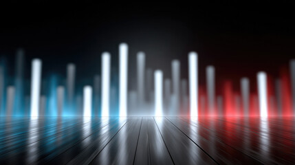Abstract financial market background with glowing vertical bars, blue and red light, futuristic digital style, reflective wooden floor