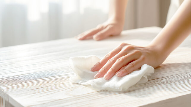 白い布巾を使ってテーブルを丁寧に拭く女性の手元
