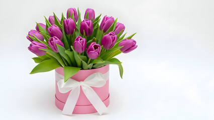 Fototapeta premium Valentine's day gift idea pink tulips bouquet in decorative pink vase with white ribbon