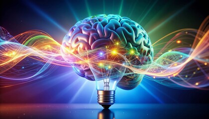 Vibrant brain with lightbulb moment in colorful neural network