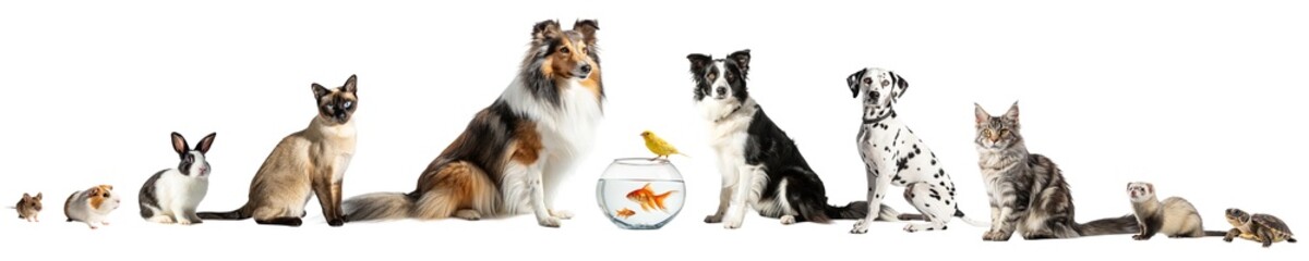 Fototapeta premium Lineup of domestic pets on white background PNG transparent — mouse, guinea pig, rabbits, siamese cat, collie, border collie, dalmatian, maine coon, ferret, turtle and fishbowl with canary