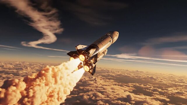 Rocket Launch in Outer Space with Bright Flame and Clouds