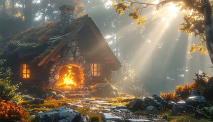 Cozy forest cabin with stone fireplace and warm glow