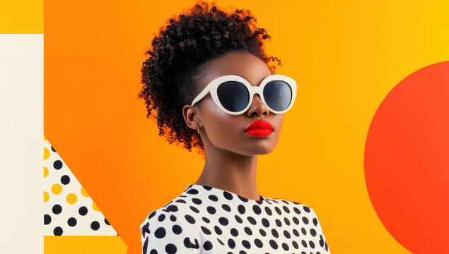 Stylish woman wearing sunglasses and polka dot dress on colorful background
