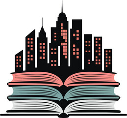 Urban landscape built upon stacks of knowledge and literature symbolizing education's role in society