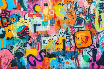 Obraz premium Colorful urban graffiti wall displays dynamic street art, full of energy and creativity, embodying urban culture and youthful spirit. Neural network AI generated