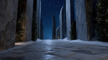 Serene Snowy Valley Under Starry Sky with Bioluminescent Elements at Nighttime