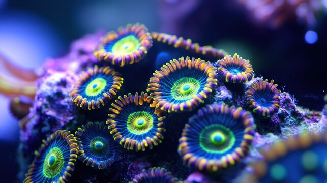 Vibrant zoanthids clustered on purple rock, brilliant green centers
