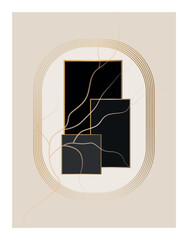 Minimalist luxury abstract geometry with golden frame and marble lines