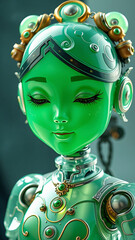 3D art sculpture of a green alien robot head featuring a female face mask with anatomical metal details and glowing eyes for a fashion beauty model