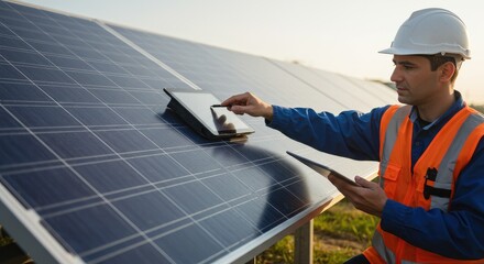 Engineer Inspecting Solar Panels with Tablet, Renewable Energy, Sustainable Power, Clean Tech.