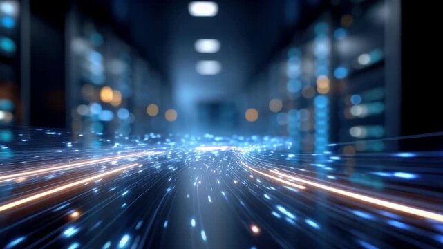 Data center server network technology digital connection speed motion corridor with blue neon light trail and abstract fiber