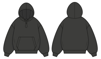 Oversized Baggy Hoodie Technical Fashion Illustration. Bulky Pullover Hooded Sweatshirt with Kangaroo Pocket, Ribbed Cuffs and Hem. Front and Back Views. Unisex Streetwear. CAD Mockup Set. © aiven studio