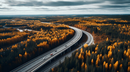 Elevated highway curves through golden autumn forest, creating scenic, tranquil journey. Sunlit trees and clear sky evoke sense of freedom and peace. Neural network AI generated