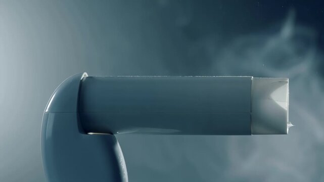 Cinematic close-up asthma inhaler releasing fine medicinal mist, mist transforms abstract smoke shapes lungs heart, flowing dynamically, slow-motion, isolated white background, soft lighting 4k