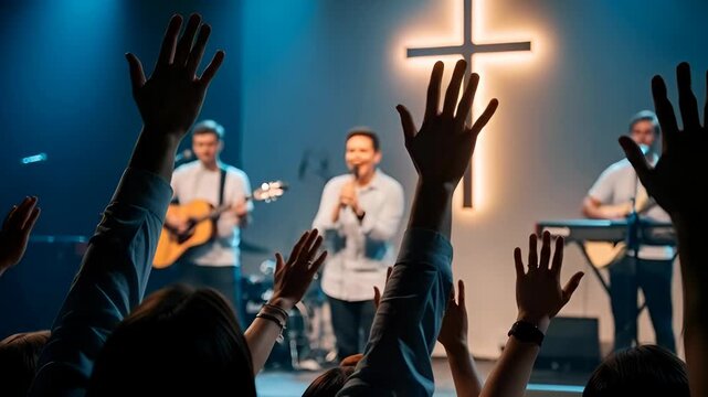 Crowd of people raising hands in worship during church service with cross and band on stage. Christian faith gathering for praise and prayer. Worship services of Baptists, Pentecostals, Protestants.