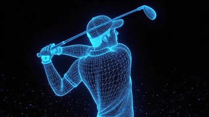 Holographic Golfer in Dynamic Swing A Futuristic Digital Projection for Advanced Sports Performance Analysis and Athletic Enhancement Technology - Powered by Adobe