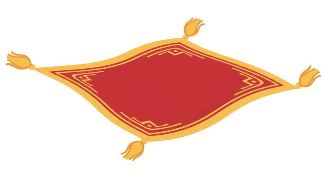 Red ornate magic carpet with tassels isolated on a white background