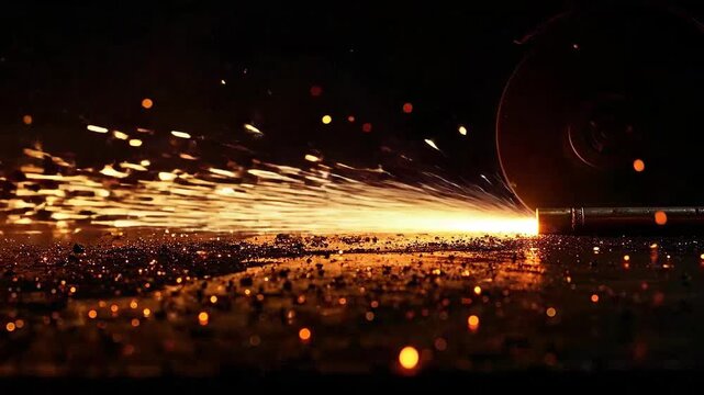 Industrial worker cutting l with a grinder, creating bright sparks in a dark environment.