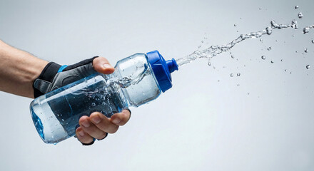 hand in fitness glove squeezing blue sports bottle with water splashing