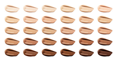 Foundation range in brush stroke texture shapes isolated on white background. Cosmetic product...