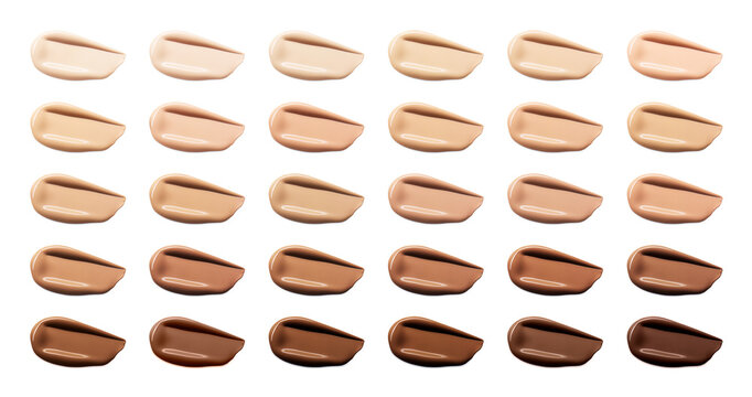 Foundation range in brush stroke texture shapes isolated on white background. Cosmetic product smudge swatches