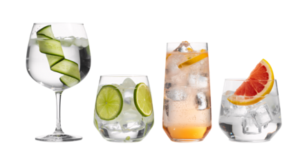 Four assorted gin and tonic drinks with garnishes on white background cocktails beverages