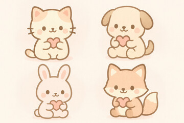 Fototapeta premium Cute cartoon animals holding hearts collection, cat dog bunny fox valentine characters