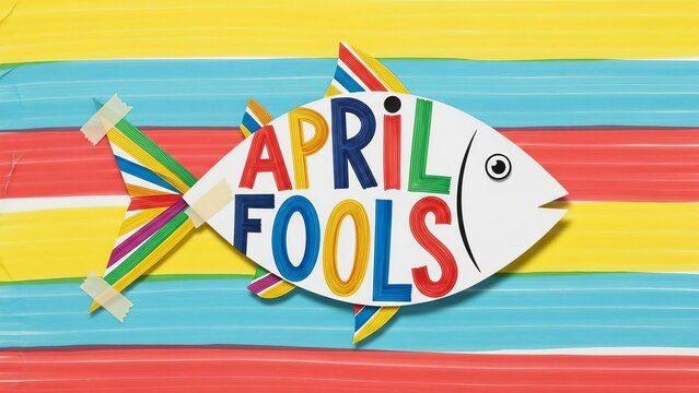 A colorful paper fish with the words april fools attached playfully taped to striped background