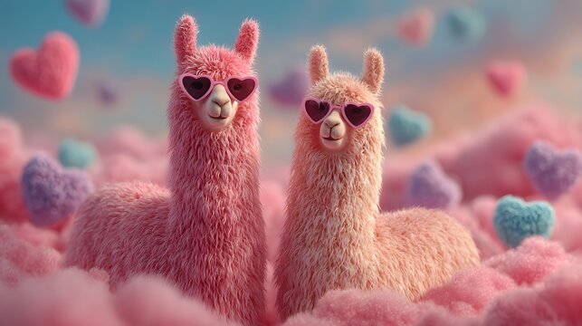 Two Pink Llamas Wearing Heart Shaped Sunglasses, Cute Valentine&rsquo;s Day Couple and Love Fantasy Concept
