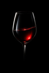 Dramatic studio shot of a red wine glass featuring elegant rim lighting and a soft spotlight beam against black background.