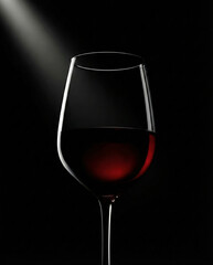 Dramatic studio shot of a red wine glass featuring elegant rim lighting and a soft spotlight beam against black background.