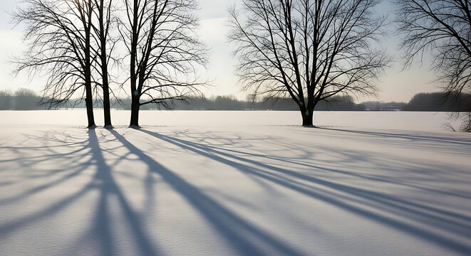 A serene winter landscape with bare trees casting long shadows in the snow - Powered by Adobe