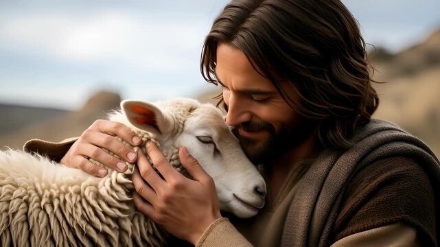 Jesus holds a gentle lamb, symbolizing Jesus as the Good Shepherd. A Christian concept for religious education, Easter, or faith-based messaging.