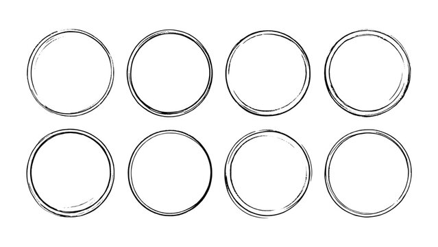 Collection of eight hand-drawn sketchy circles and frames in black ink on a white background, perfect for graphic design elements