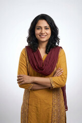 Confident Indian Mid Adult Woman Smiling With Crossed Arms In Traditional Attire