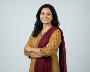 Confident Indian Mid Adult Woman Smiling With Crossed Arms In Traditional Attire