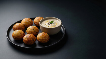 Golden brown South Indian paniyaram dumplings served with creamy coconut chutney on a stylish dark minimalist background plate.