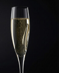 Elegant champagne flute with rising bubbles and rim lighting on black background