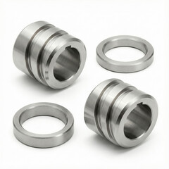 Set of precision CNC machined stainless steel bushings with keyways and metal spacer rings isolated on white background.