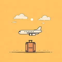 Airplane Travel Concept with Suitcase in Flat Minimal Line Art