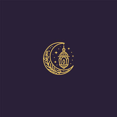 Fototapeta premium Moon crescent and lantern line art logo symbolizing light, faith, and guidance.