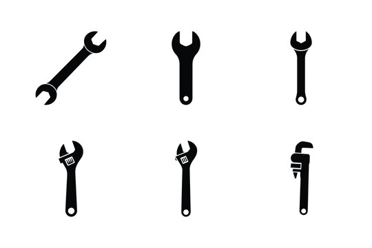 Adjustable wrench icon set, Minimal black and white tool vector for repair and maintenance